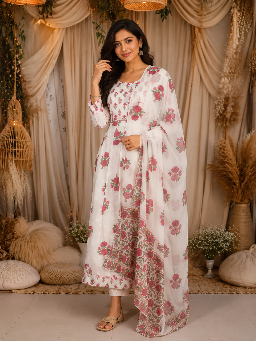 Soft Ivory Floral Printed Design Cotton Anarkali Salwar Suit with Dupatta